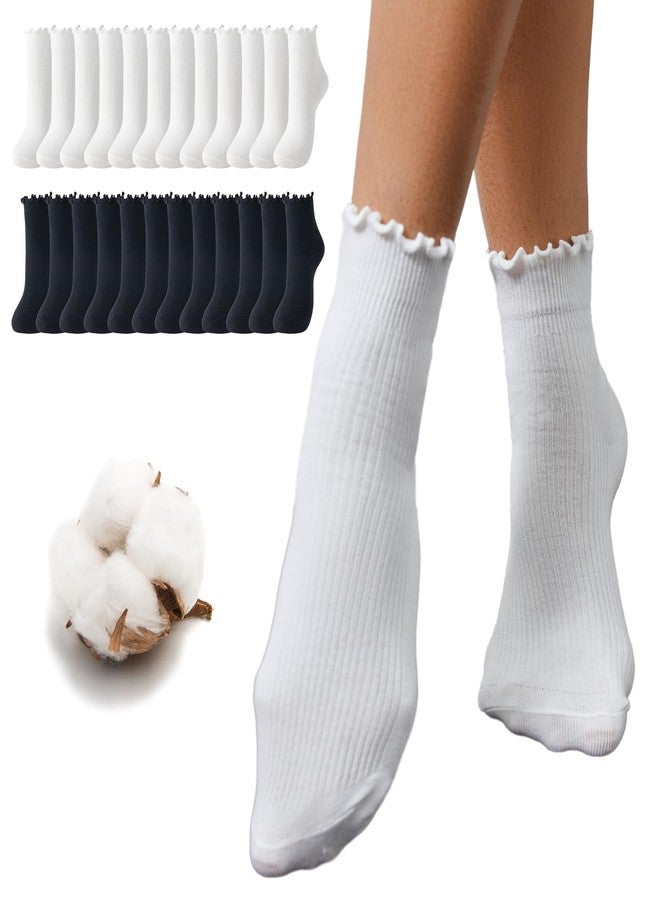 Soxbang 12 Pairs Cotton Quarter Socks for Women, Lightweight Non-Binding Mini Crew Sock, Cute Ruffle Ankle Sock for Uniform - Image 1